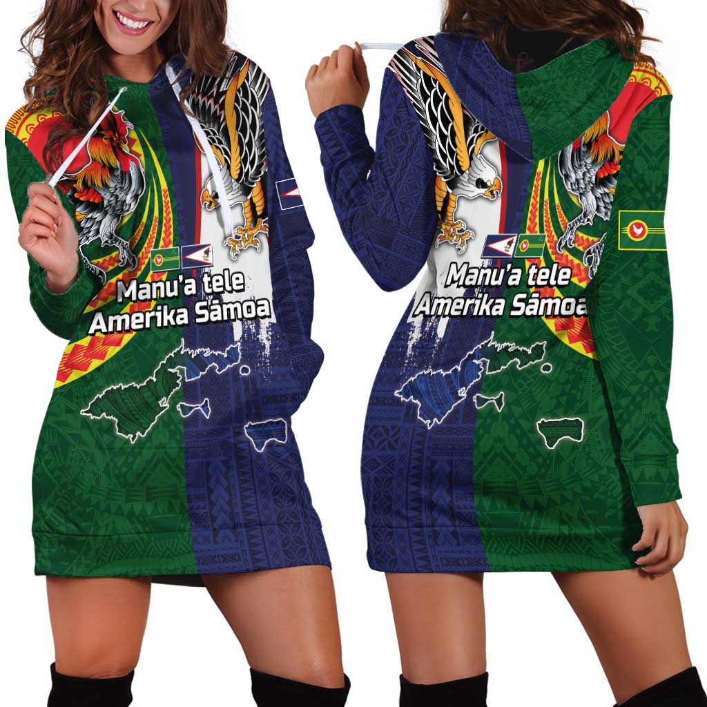 Manuʻa Islands and American Samoa Together Hoodie Dress Rooster and Eagle Mascot National Map and Flag Style LT03 - Polynesian Pride