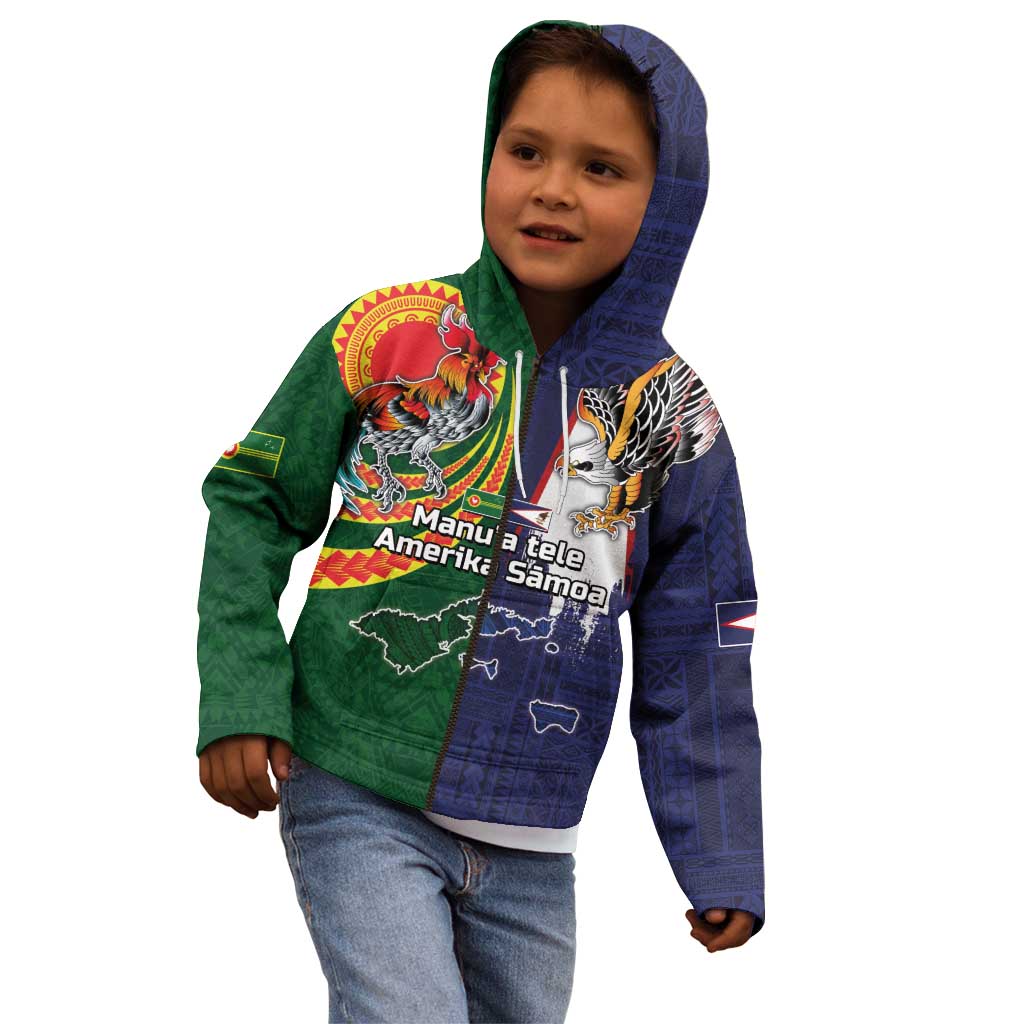 Manuʻa Islands and American Samoa Together Kid Hoodie Rooster and Eagle Mascot National Map and Flag Style