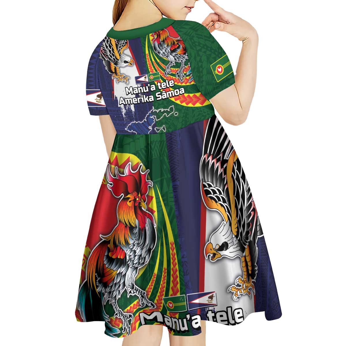 Manuʻa Islands and American Samoa Together Kid Short Sleeve Dress Rooster and Eagle Mascot National Map and Flag Style LT03 - Polynesian Pride