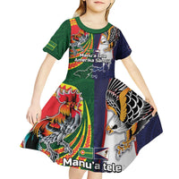 Manuʻa Islands and American Samoa Together Kid Short Sleeve Dress Rooster and Eagle Mascot National Map and Flag Style LT03 - Polynesian Pride