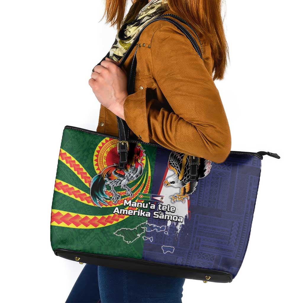 Manuʻa Islands and American Samoa Together Leather Tote Bag Rooster and Eagle Mascot National Map and Flag Style