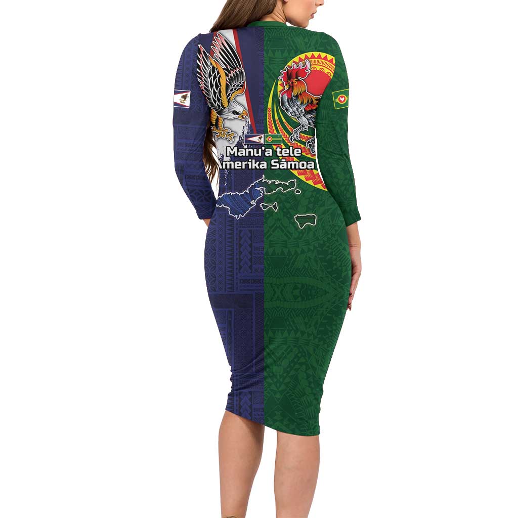 Manuʻa Islands and American Samoa Together Long Sleeve Bodycon Dress Rooster and Eagle Mascot National Map and Flag Style LT03 - Polynesian Pride