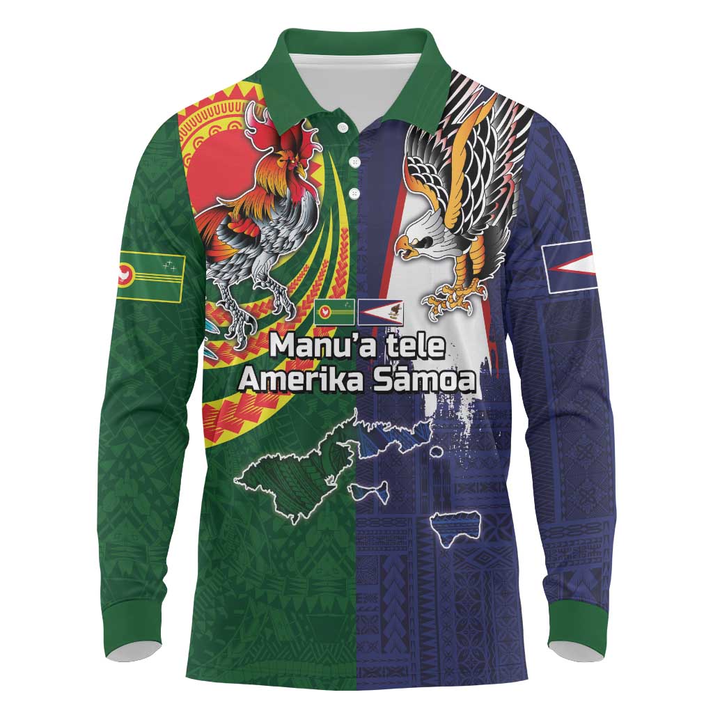 Manuʻa Islands and American Samoa Together Long Sleeve Polo Shirt Rooster and Eagle Mascot National Map and Flag Style LT03 Green - Polynesian Pride