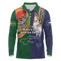 Manuʻa Islands and American Samoa Together Long Sleeve Polo Shirt Rooster and Eagle Mascot National Map and Flag Style LT03 Green - Polynesian Pride