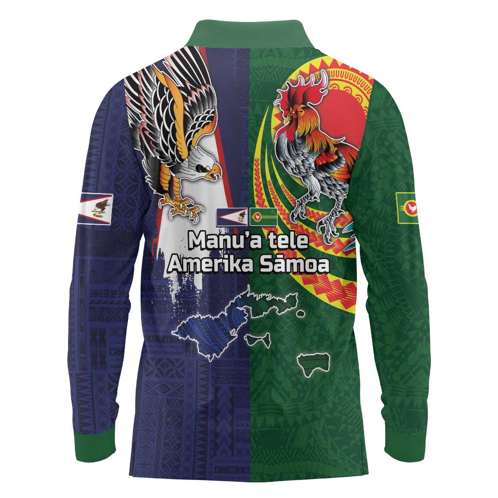 Manuʻa Islands and American Samoa Together Long Sleeve Polo Shirt Rooster and Eagle Mascot National Map and Flag Style LT03 - Polynesian Pride