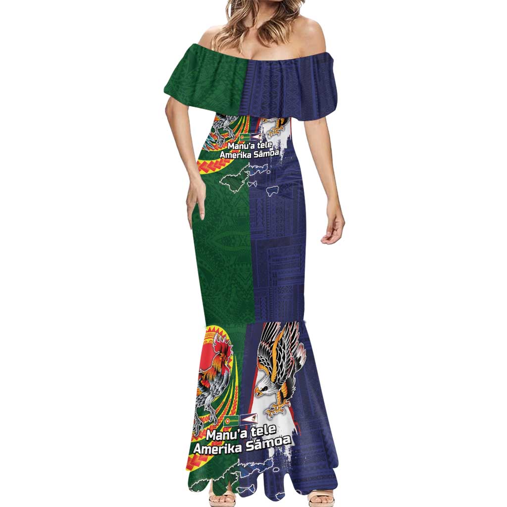 Manuʻa Islands and American Samoa Together Mermaid Dress Rooster and Eagle Mascot National Map and Flag Style LT03 - Polynesian Pride