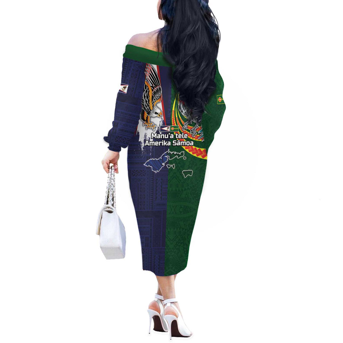Manuʻa Islands and American Samoa Together Off The Shoulder Long Sleeve Dress Rooster and Eagle Mascot National Map and Flag Style LT03 - Polynesian Pride
