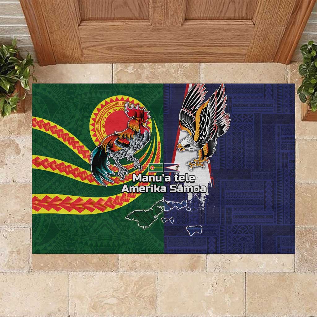 Manuʻa Islands and American Samoa Together Rubber Doormat Rooster and Eagle Mascot National Map and Flag Style LT03 Green - Polynesian Pride
