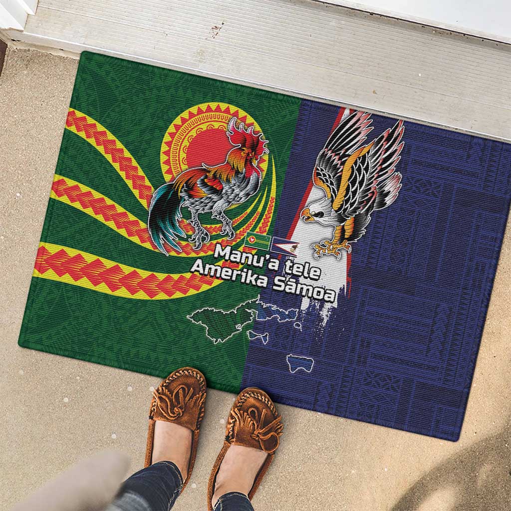 Manuʻa Islands and American Samoa Together Rubber Doormat Rooster and Eagle Mascot National Map and Flag Style LT03 - Polynesian Pride