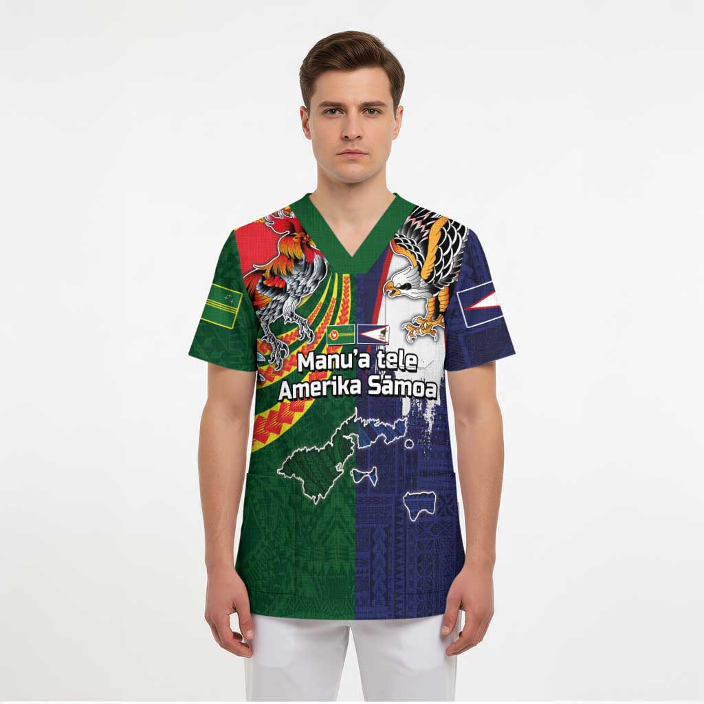 Manuʻa Islands and American Samoa Together Scrub Top Rooster and Eagle Mascot National Map and Flag Style - Polynesian Pride