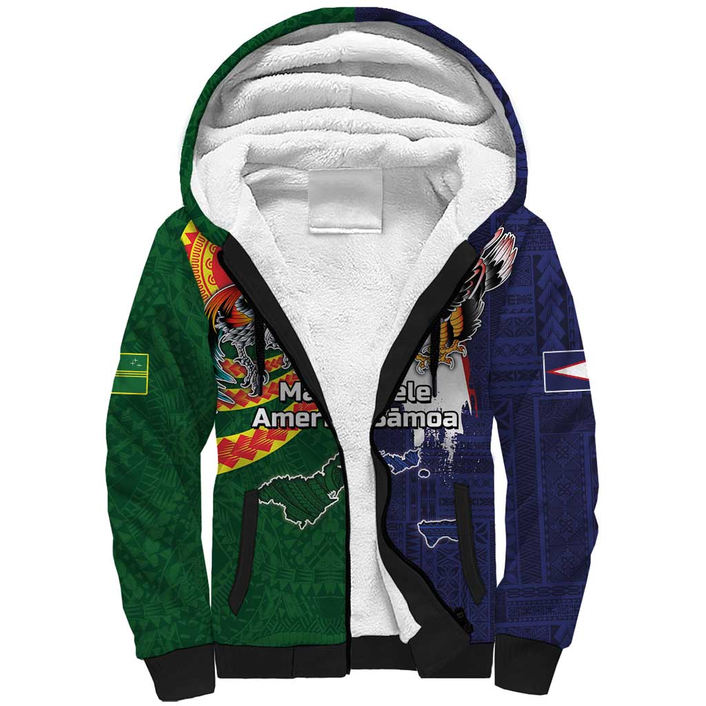 Manuʻa Islands and American Samoa Together Sherpa Hoodie Rooster and Eagle Mascot National Map and Flag Style LT03 Unisex Green - Polynesian Pride
