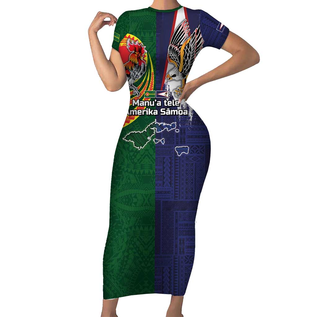 Manuʻa Islands and American Samoa Together Short Sleeve Bodycon Dress Rooster and Eagle Mascot National Map and Flag Style LT03 Long Dress Green - Polynesian Pride