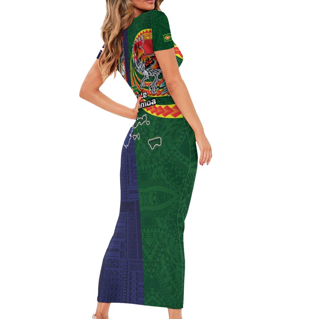 Manuʻa Islands and American Samoa Together Short Sleeve Bodycon Dress Rooster and Eagle Mascot National Map and Flag Style LT03 - Polynesian Pride