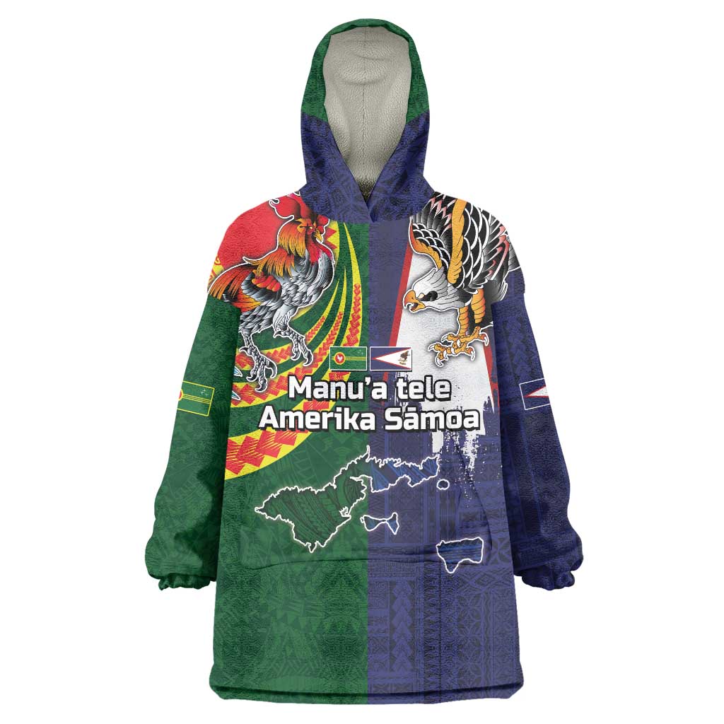 Manuʻa Islands and American Samoa Together Wearable Blanket Hoodie Rooster and Eagle Mascot National Map and Flag Style LT03 One Size Green - Polynesian Pride