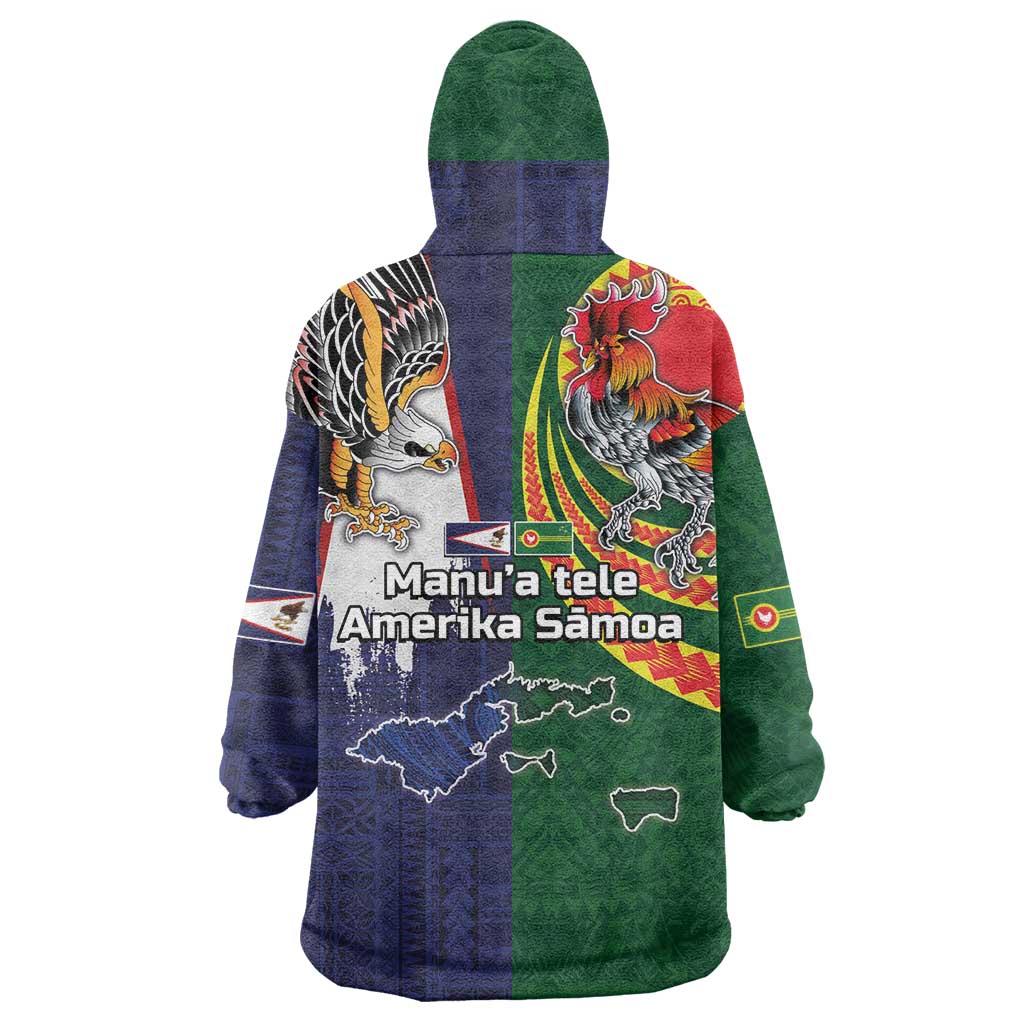 Manuʻa Islands and American Samoa Together Wearable Blanket Hoodie Rooster and Eagle Mascot National Map and Flag Style LT03 - Polynesian Pride