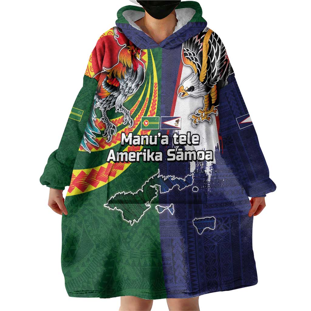 Manuʻa Islands and American Samoa Together Wearable Blanket Hoodie Rooster and Eagle Mascot National Map and Flag Style LT03 - Polynesian Pride