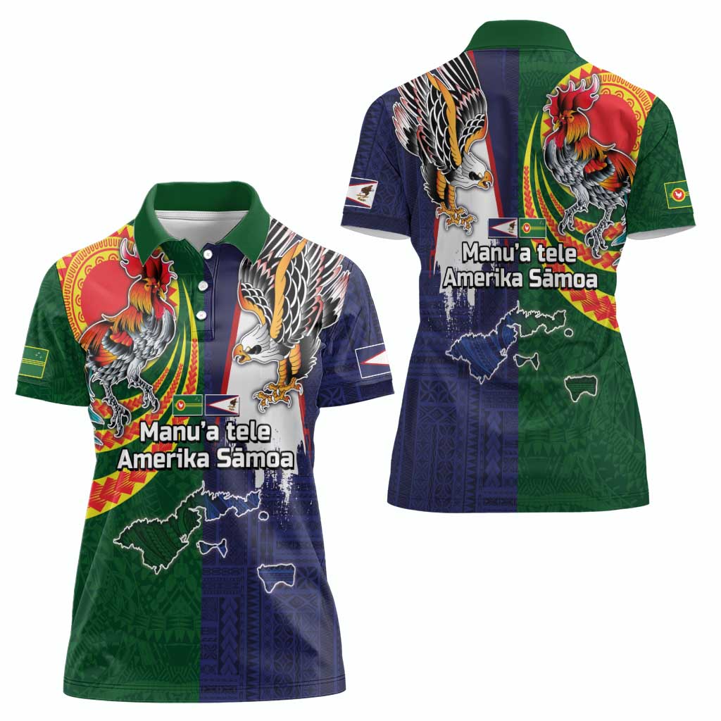 Manuʻa Islands and American Samoa Together Women Polo Shirt Rooster and Eagle Mascot National Map and Flag Style LT03 - Polynesian Pride