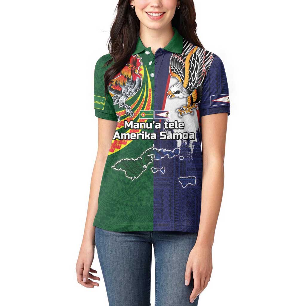 Manuʻa Islands and American Samoa Together Women Polo Shirt Rooster and Eagle Mascot National Map and Flag Style LT03 - Polynesian Pride