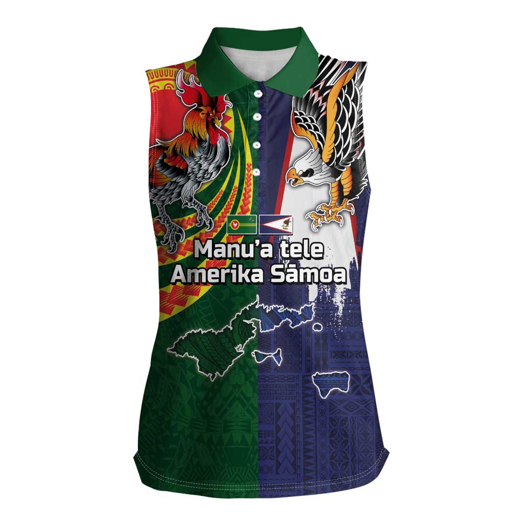 Manuʻa Islands and American Samoa Together Women Sleeveless Polo Shirt Rooster and Eagle Mascot National Map and Flag Style LT03 Female Green - Polynesian Pride