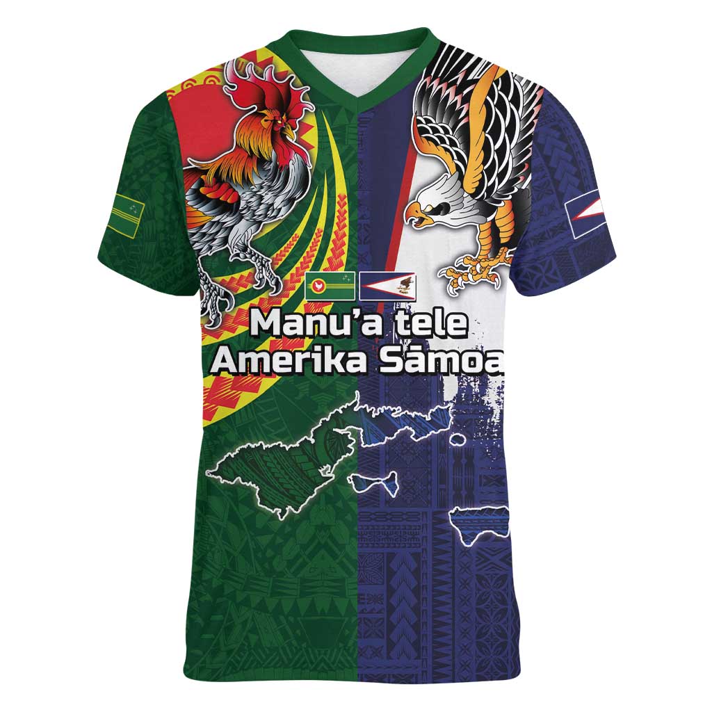 Manuʻa Islands and American Samoa Together Women V-Neck T-Shirt Rooster and Eagle Mascot National Map and Flag Style LT03 Female Green - Polynesian Pride