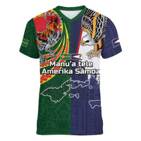 Manuʻa Islands and American Samoa Together Women V-Neck T-Shirt Rooster and Eagle Mascot National Map and Flag Style LT03 Female Green - Polynesian Pride