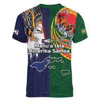 Manuʻa Islands and American Samoa Together Women V-Neck T-Shirt Rooster and Eagle Mascot National Map and Flag Style LT03 - Polynesian Pride