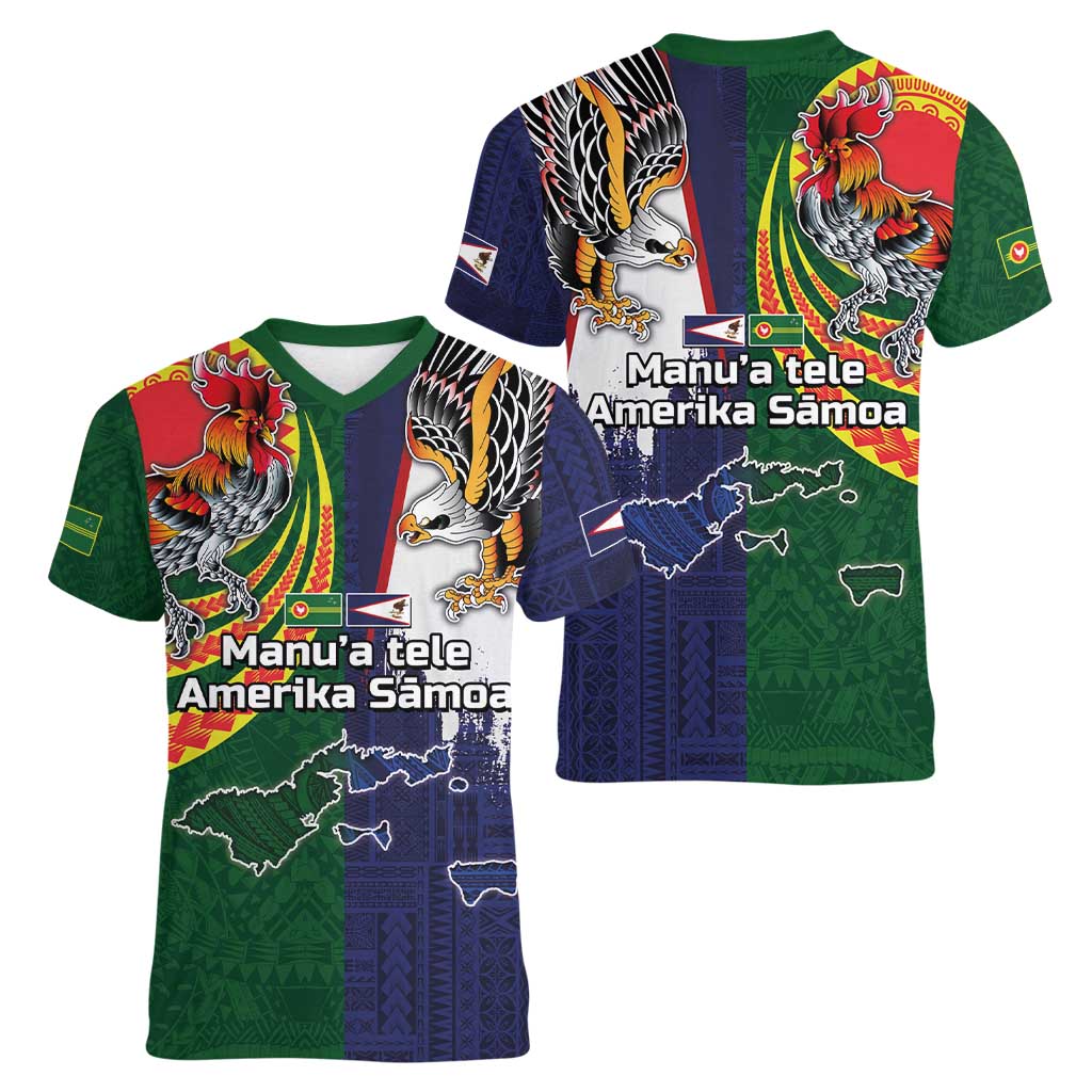 Manuʻa Islands and American Samoa Together Women V-Neck T-Shirt Rooster and Eagle Mascot National Map and Flag Style LT03 - Polynesian Pride