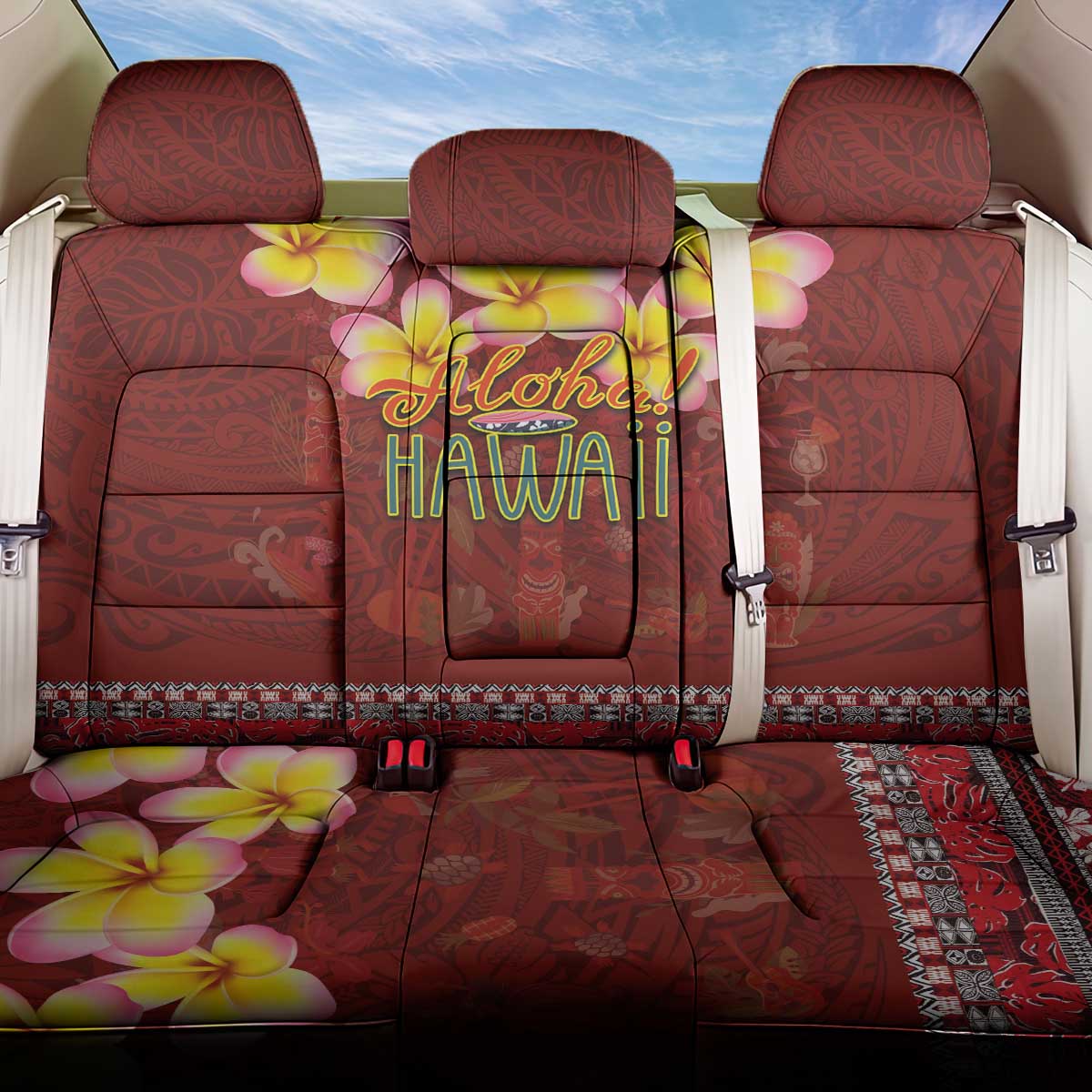Aloha Plumeria Flowers Back Car Seat Cover With Hawaiian Style Tapa Tribal LT03 One Size Red - Polynesian Pride