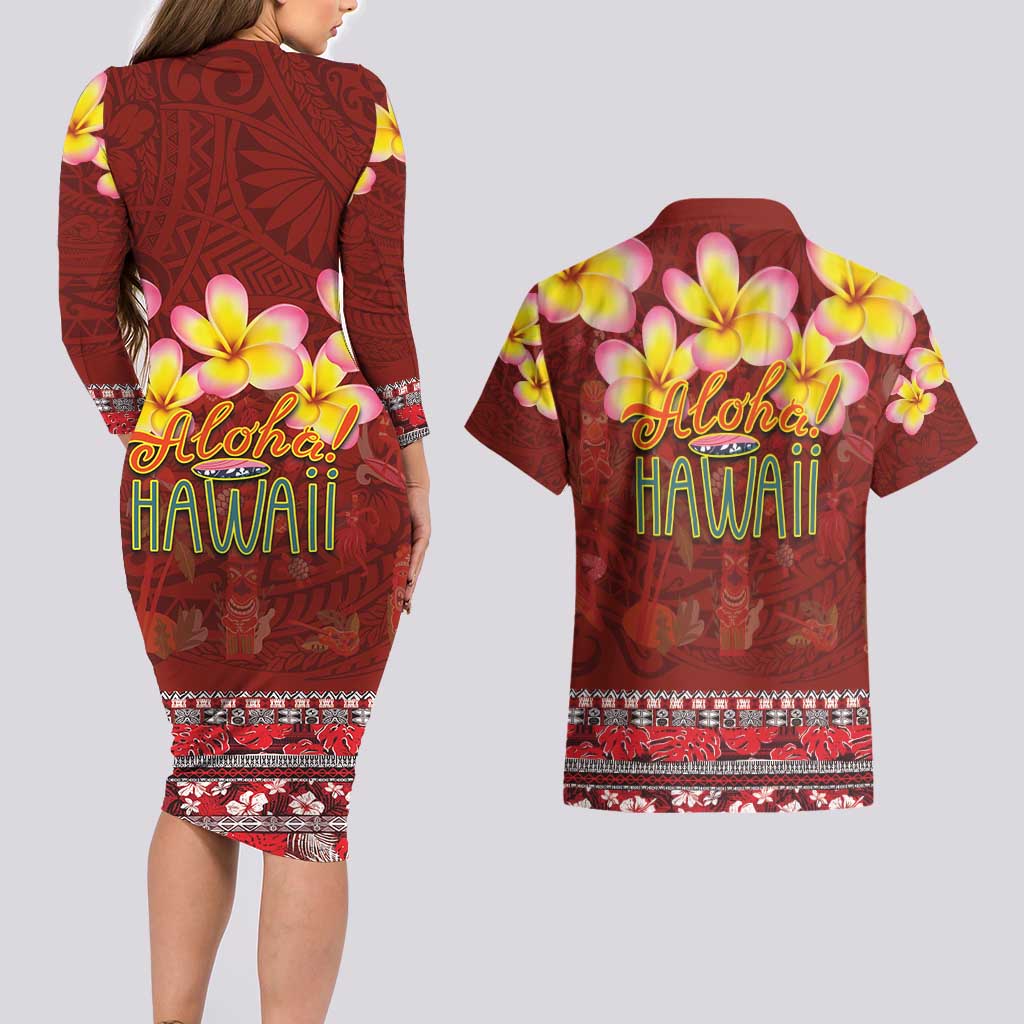 Aloha Plumeria Flowers Couples Matching Long Sleeve Bodycon Dress and Hawaiian Shirt With Hawaiian Style Tapa Tribal LT03 - Polynesian Pride