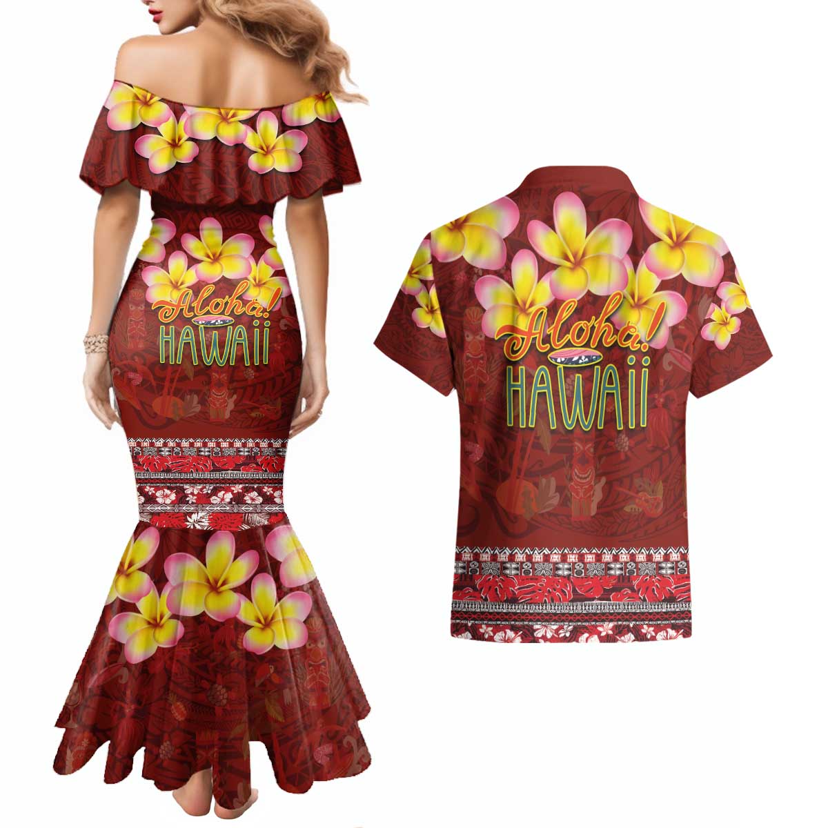 Aloha Plumeria Flowers Couples Matching Mermaid Dress and Hawaiian Shirt With Hawaiian Style Tapa Tribal LT03 - Polynesian Pride