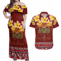Aloha Plumeria Flowers Couples Matching Off Shoulder Maxi Dress and Hawaiian Shirt With Hawaiian Style Tapa Tribal LT03 Red - Polynesian Pride