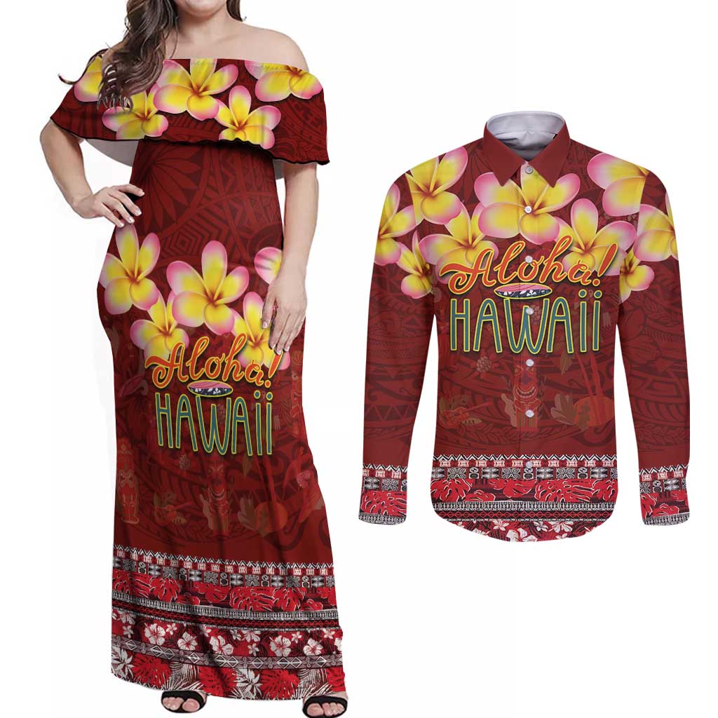 Aloha Plumeria Flowers Couples Matching Off Shoulder Maxi Dress and Long Sleeve Button Shirt With Hawaiian Style Tapa Tribal