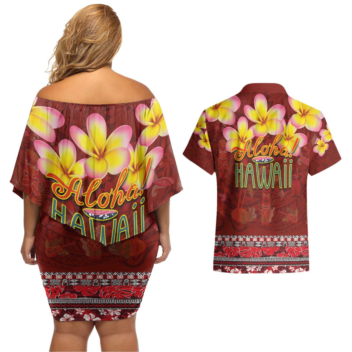 Aloha Plumeria Flowers Couples Matching Off Shoulder Short Dress and Hawaiian Shirt With Hawaiian Style Tapa Tribal
