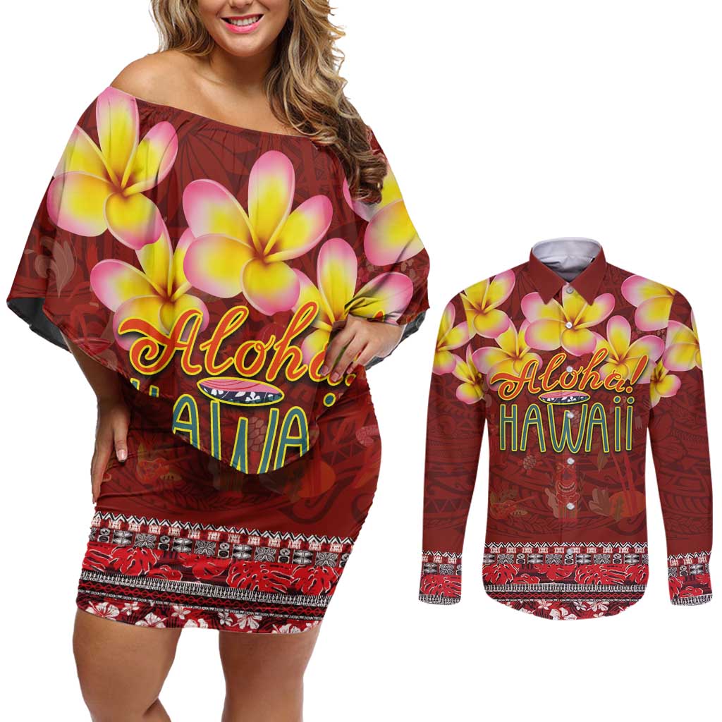 Aloha Plumeria Flowers Couples Matching Off Shoulder Short Dress and Long Sleeve Button Shirt With Hawaiian Style Tapa Tribal