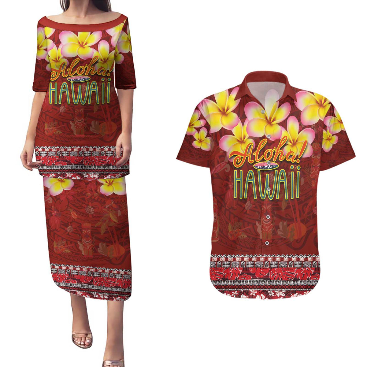 Aloha Plumeria Flowers Couples Matching Puletasi and Hawaiian Shirt With Hawaiian Style Tapa Tribal LT03 Red - Polynesian Pride