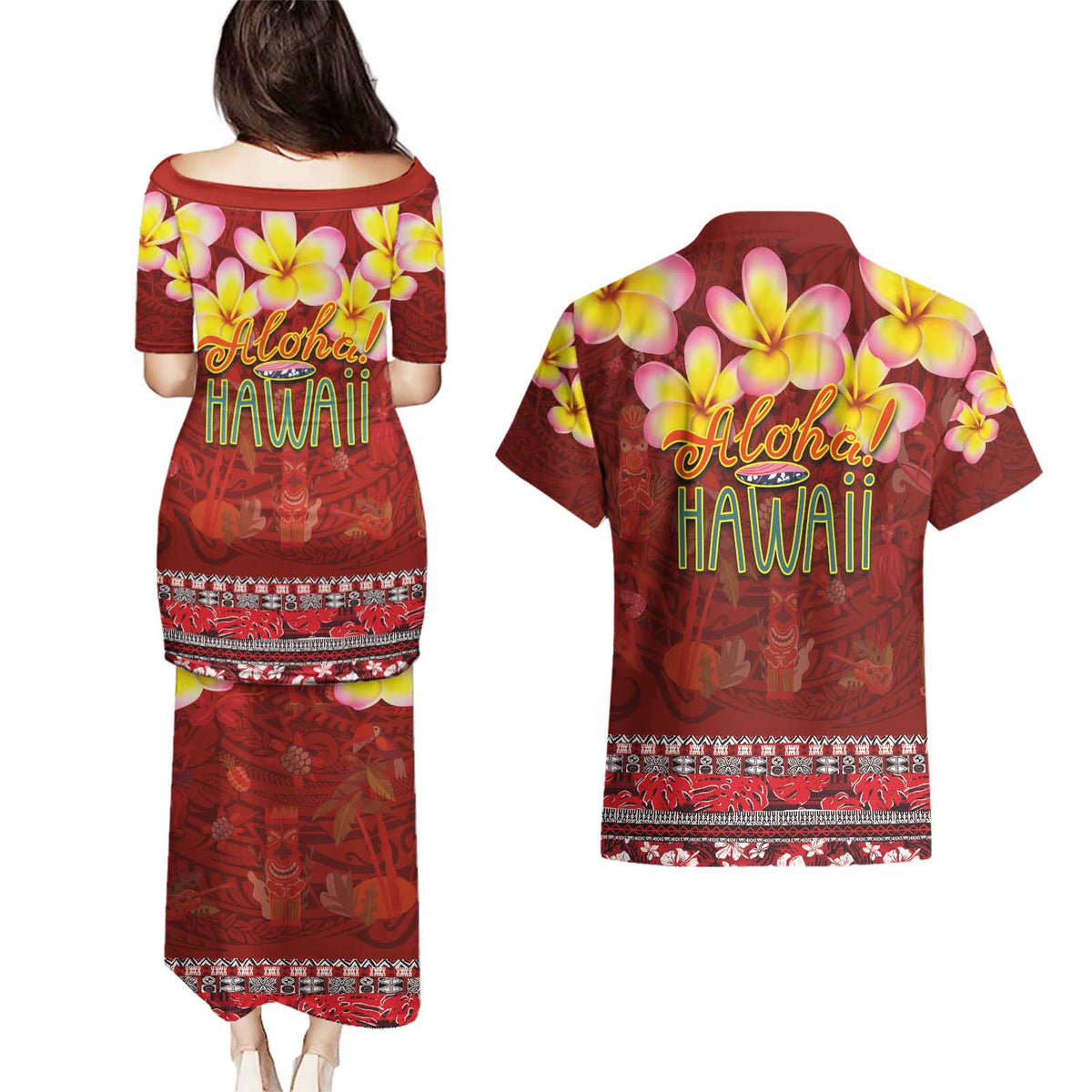 Aloha Plumeria Flowers Couples Matching Puletasi and Hawaiian Shirt With Hawaiian Style Tapa Tribal LT03 - Polynesian Pride