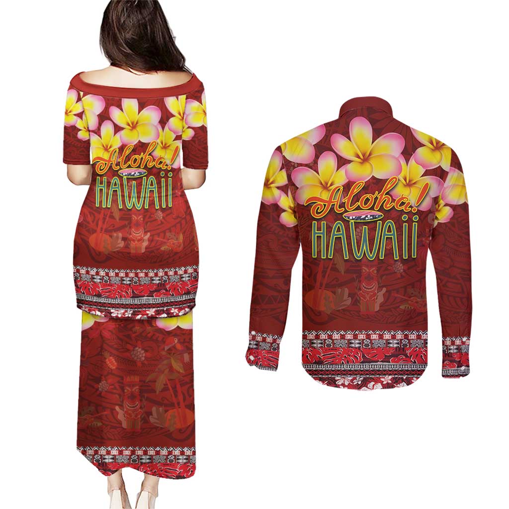 Aloha Plumeria Flowers Couples Matching Puletasi and Long Sleeve Button Shirt With Hawaiian Style Tapa Tribal LT03 - Polynesian Pride