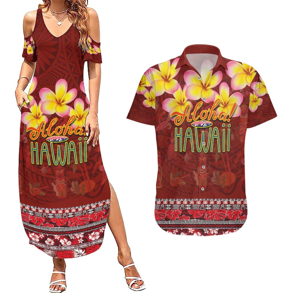 Aloha Plumeria Flowers Couples Matching Summer Maxi Dress and Hawaiian Shirt With Hawaiian Style Tapa Tribal