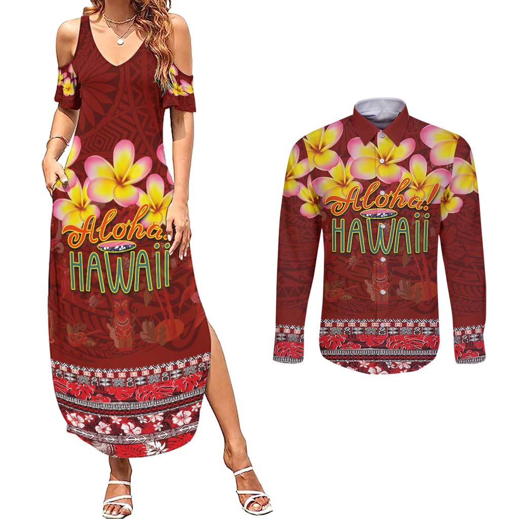 Aloha Plumeria Flowers Couples Matching Summer Maxi Dress and Long Sleeve Button Shirt With Hawaiian Style Tapa Tribal