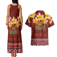 Aloha Plumeria Flowers Couples Matching Tank Maxi Dress and Hawaiian Shirt With Hawaiian Style Tapa Tribal