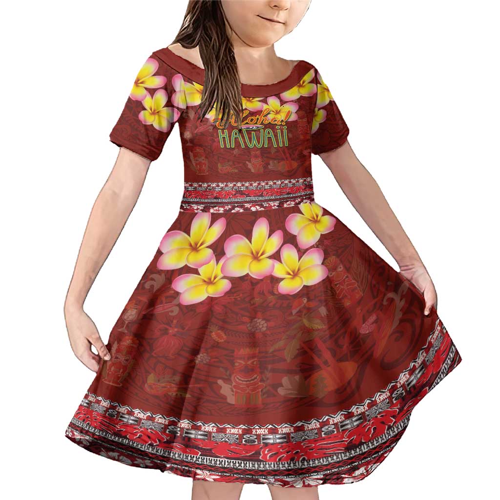 Aloha Plumeria Flowers Family Matching Mermaid Dress and Hawaiian Shirt With Hawaiian Style Tapa Tribal LT03 Daughter's Dress Red - Polynesian Pride