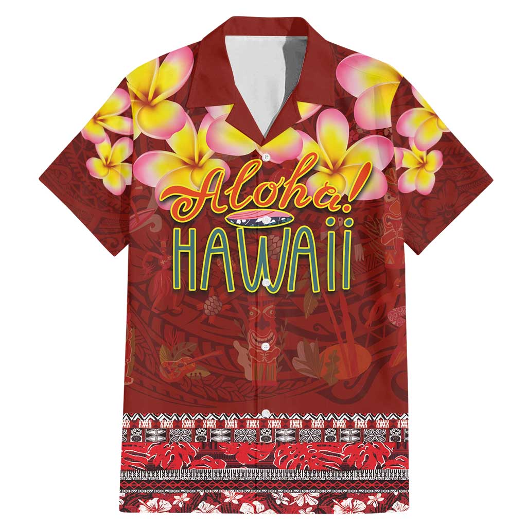 Aloha Plumeria Flowers Family Matching Mermaid Dress and Hawaiian Shirt With Hawaiian Style Tapa Tribal LT03 Dad's Shirt - Short Sleeve Red - Polynesian Pride