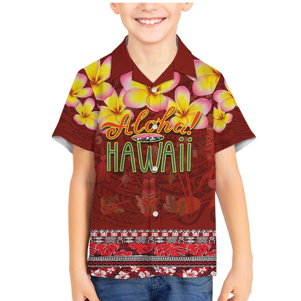Aloha Plumeria Flowers Family Matching Mermaid Dress and Hawaiian Shirt With Hawaiian Style Tapa Tribal LT03 Son's Shirt Red - Polynesian Pride