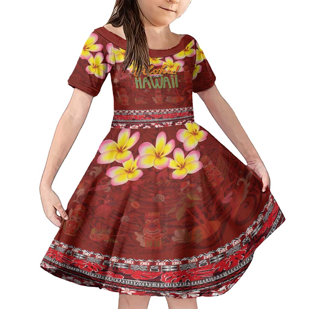 Aloha Plumeria Flowers Family Matching Off Shoulder Maxi Dress and Hawaiian Shirt With Hawaiian Style Tapa Tribal LT03 Daughter's Dress Red - Polynesian Pride