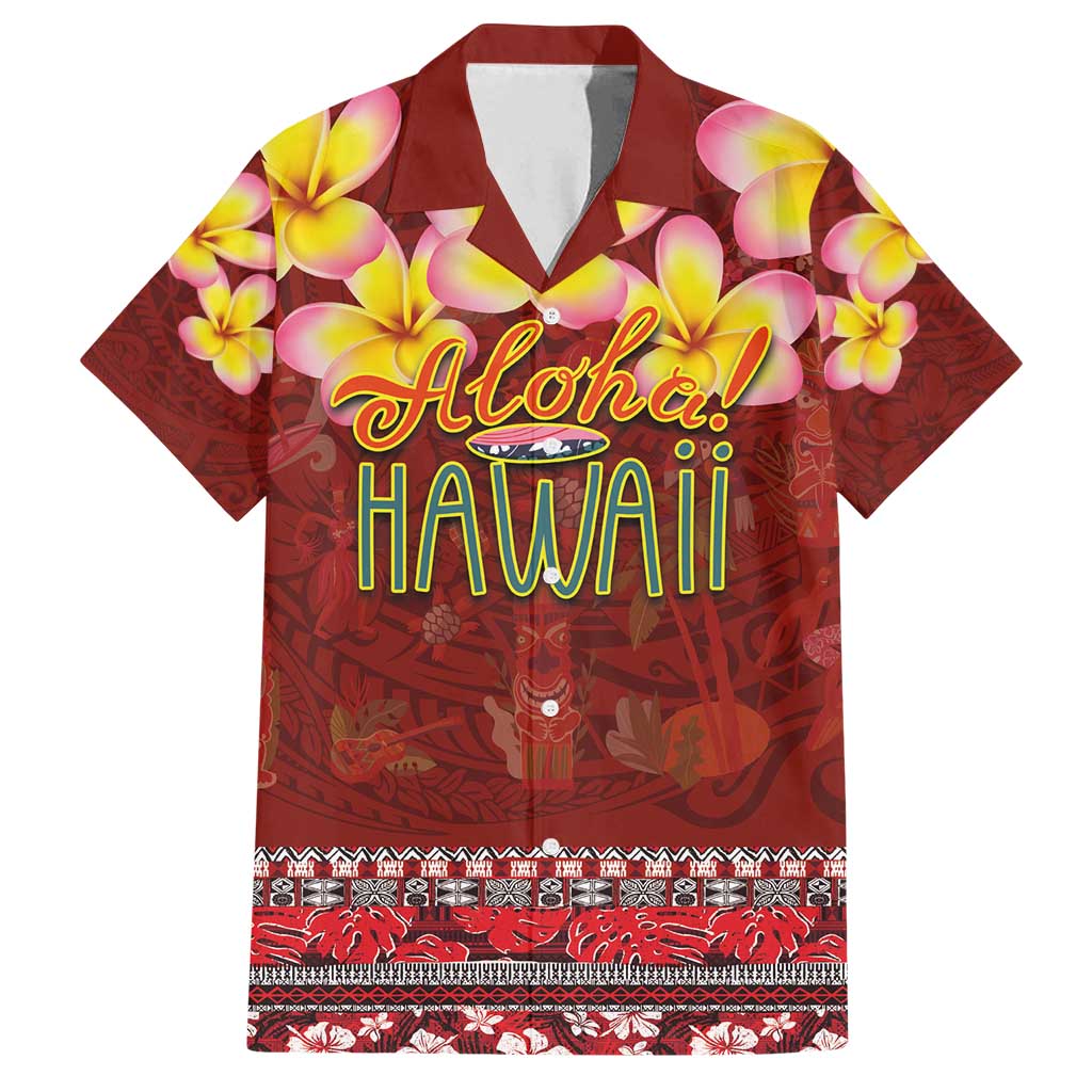 Aloha Plumeria Flowers Family Matching Off Shoulder Maxi Dress and Hawaiian Shirt With Hawaiian Style Tapa Tribal LT03 Dad's Shirt - Short Sleeve Red - Polynesian Pride