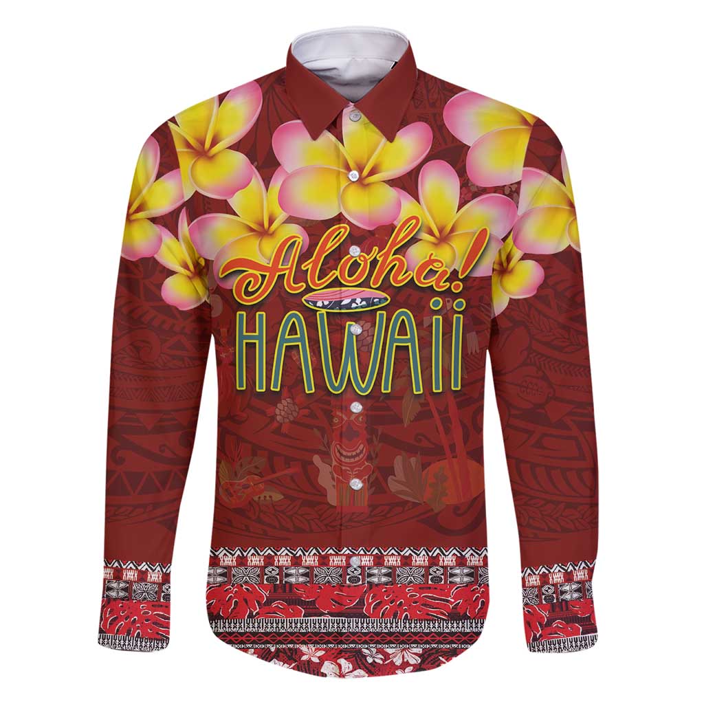 Aloha Plumeria Flowers Family Matching Off Shoulder Maxi Dress and Hawaiian Shirt With Hawaiian Style Tapa Tribal LT03 Dad's Shirt - Long Sleeve Red - Polynesian Pride