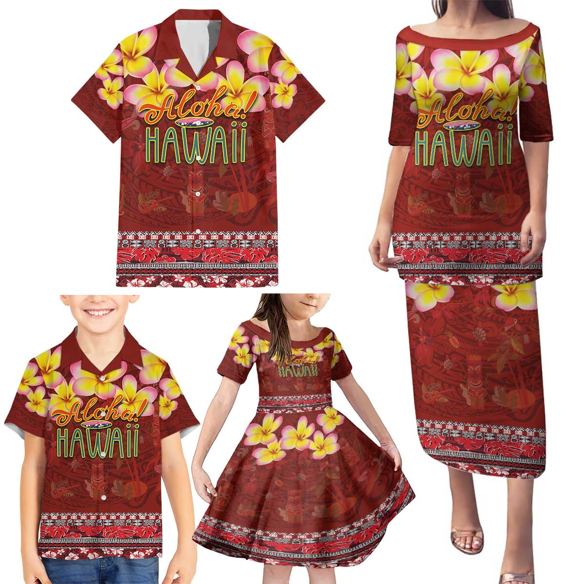 Aloha Plumeria Flowers Family Matching Puletasi and Hawaiian Shirt With Hawaiian Style Tapa Tribal LT03 - Polynesian Pride