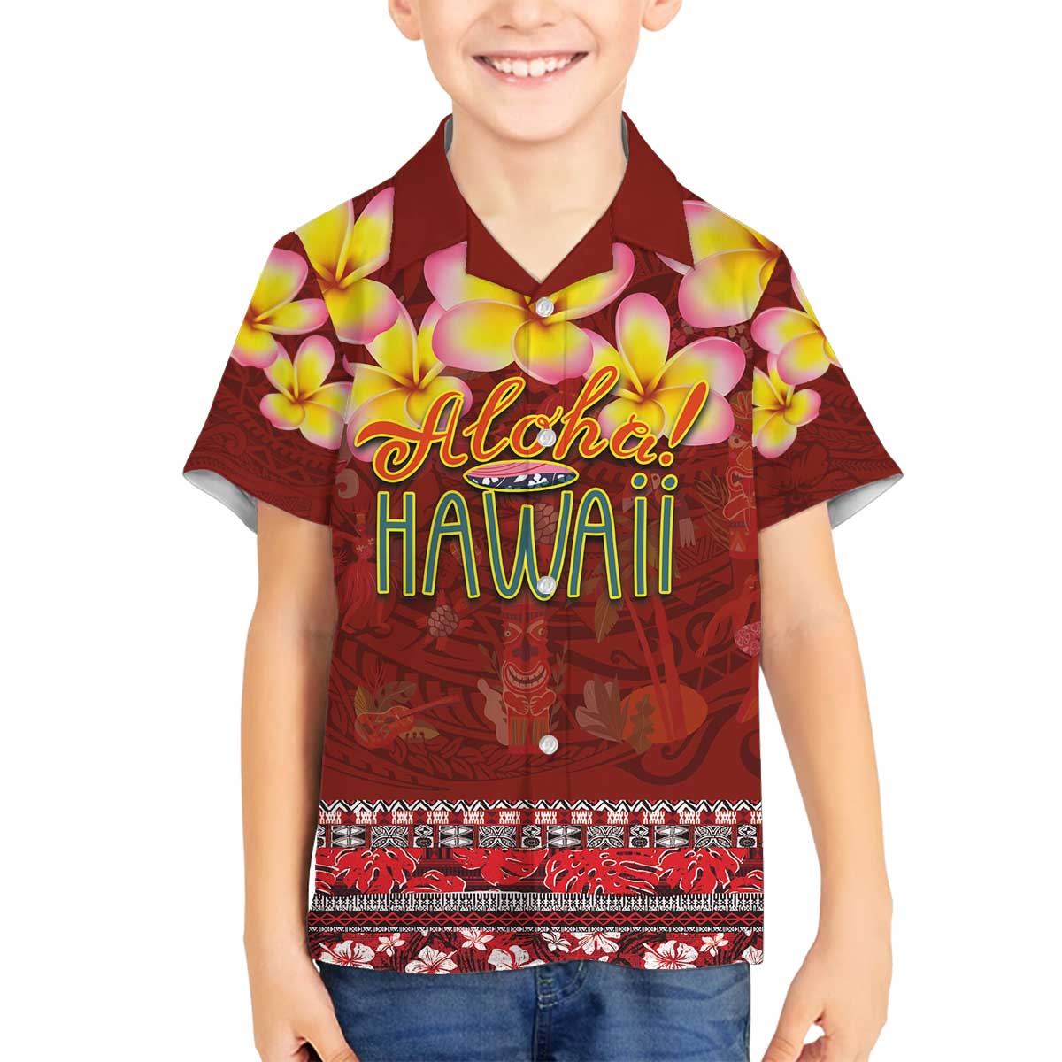 Aloha Plumeria Flowers Family Matching Puletasi and Hawaiian Shirt With Hawaiian Style Tapa Tribal LT03 Son's Shirt Red - Polynesian Pride