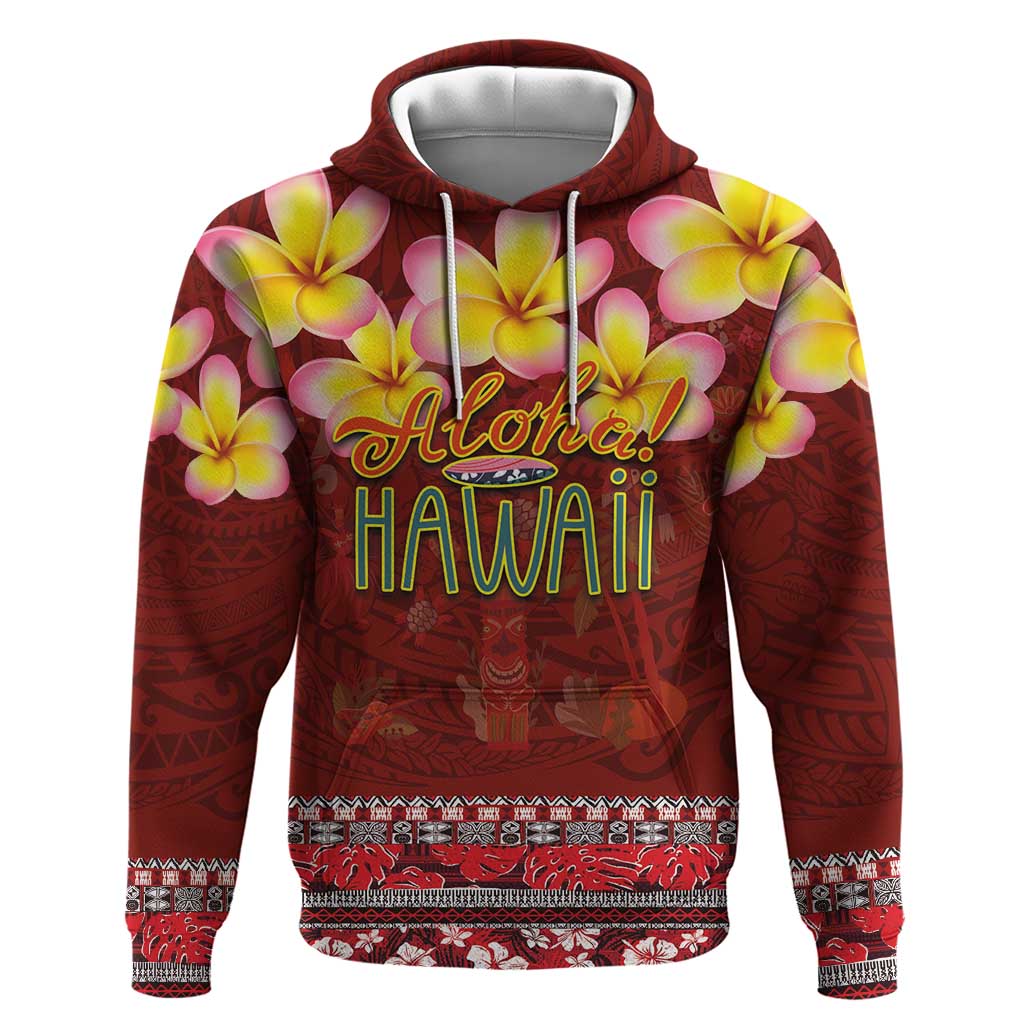 Aloha Plumeria Flowers Hoodie With Hawaiian Style Tapa Tribal LT03 Pullover Hoodie Red - Polynesian Pride