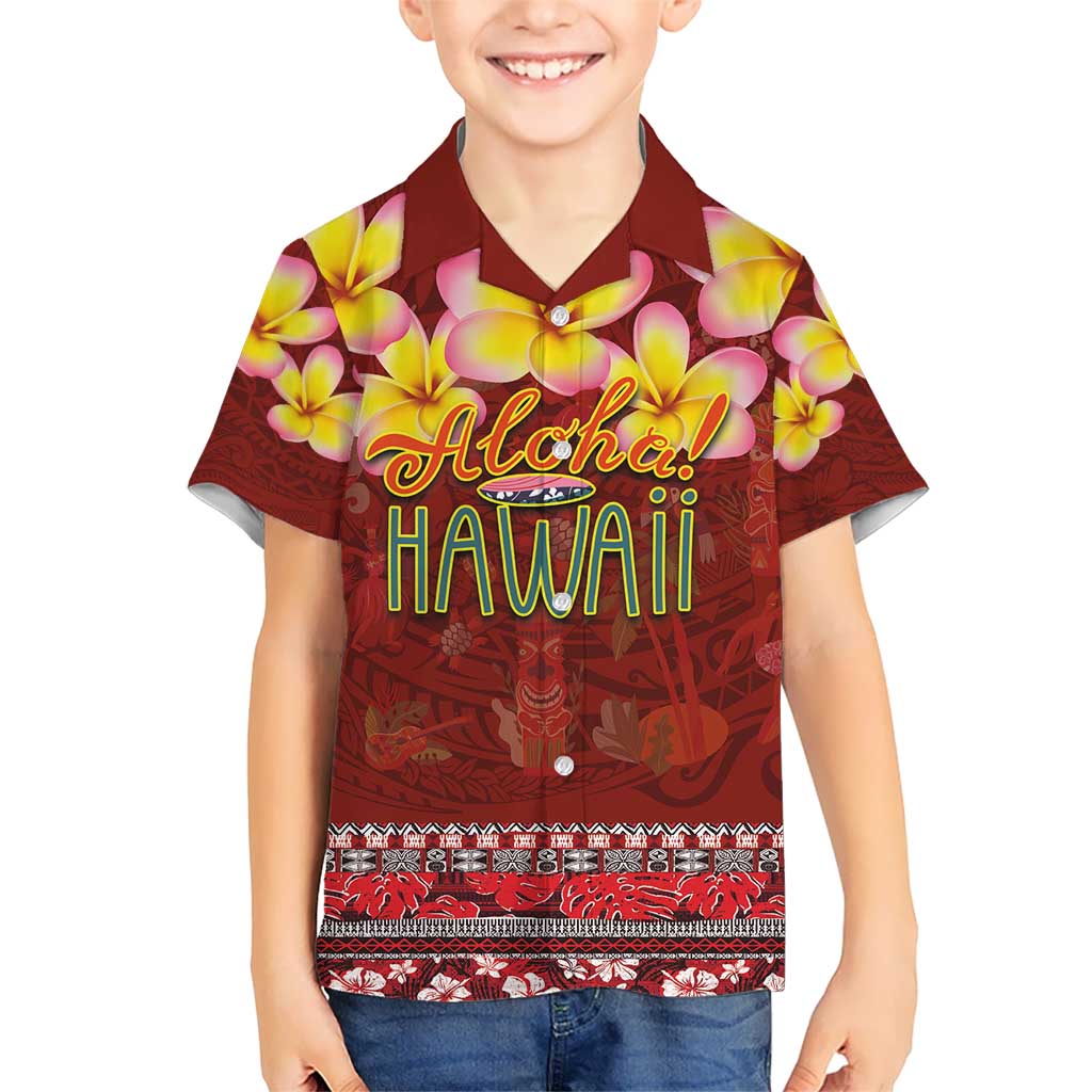 Aloha Plumeria Flowers Kid Hawaiian Shirt With Hawaiian Style Tapa Tribal LT03 Kid Red - Polynesian Pride